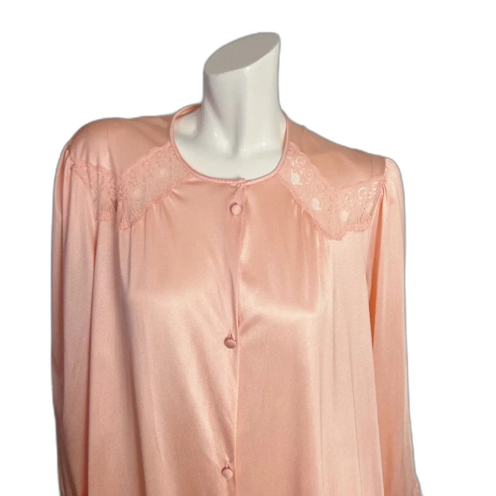 Vintage 1960s Vanity Fair Light Pink Button Up Night Gown Lace Coquette Size L - Picture 2 of 7